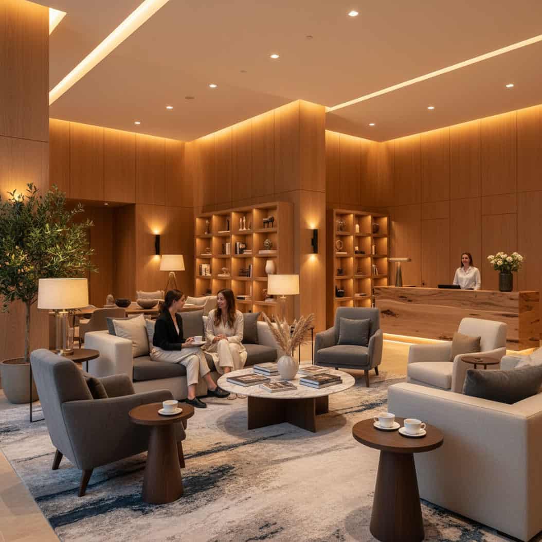 Moderni ja lämminhenkinen aula, jossa elämyksellinen hotellin sisustussuunnittelu näkyy puupinnoissa ja pehmeässä valaistuksessa.