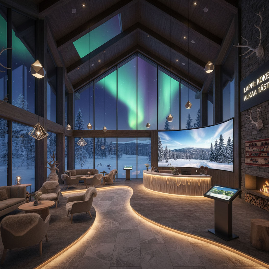 Moderni, elämyksellinen sisustussuunnittelu aulassa, jossa suuret ikkunat, revontulet ja lämmin valaistus luovat tunnelman.
